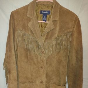 SOLD women's denim and co 100% leather shell fringe tan jacket button up small